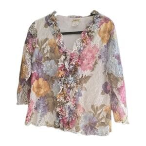 Vanilla Y2K Multicolor Floral Ruffle Fairy‎ Preppy 3/4 Sleeve Top Womans Size XL